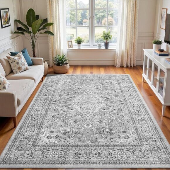 Garvee 4 New 4x6 Grey Boho Area Rug, Washable Vintage Floral Non-Slip Carpet for Bedroom